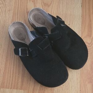 Black Suede Clogs with Buckle